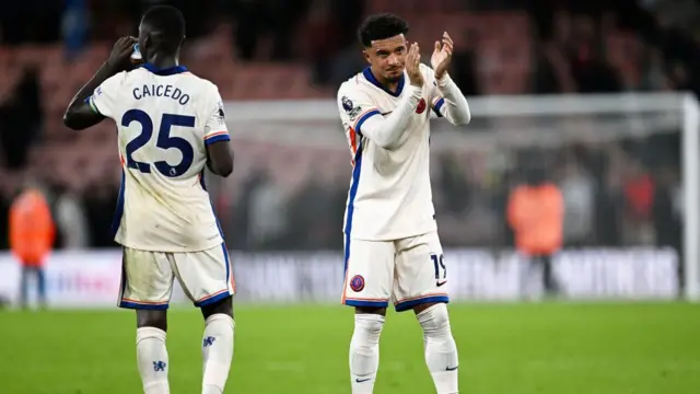 Moises Caicedo and Jadon Sancho after victory with Chelsea