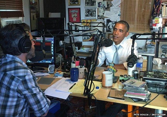 President Obama recording the podcast in Marc Maron's garage