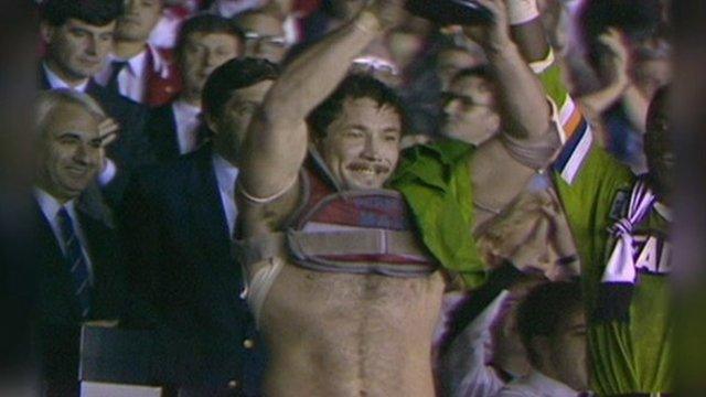 Widnes captain Kurt Sorensen lifts the World Club Challenge trophy at Old Trafford