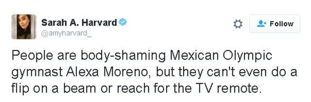 Tweet reads: People are body-shaming Mexican Olympic gymnast Alexa Moreno, but they can't even do a flip on a beam or reach for the TV remote.