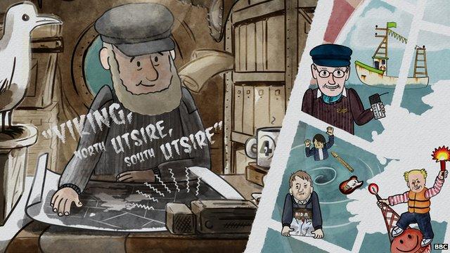 A cartoon of a captain on his ship listening to the shipping forecast