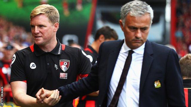 Manchester United manager Jose Mourinho (right) with Bournemouth boss Eddie Howe