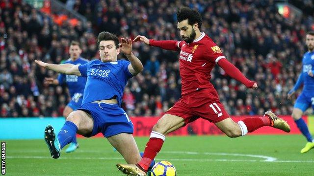 Mohamed Salah scores for Liverpool against Leicester