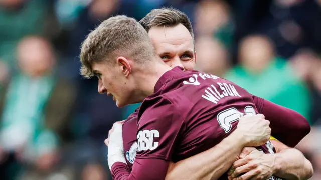 Hearts’ James Wilson (left) and Lawrence Shankland (R) celebrate as Wilson scores to make it 1-1  during a William Hill Premiership match between Hibernian and Heart of Midlothian at Easter Road