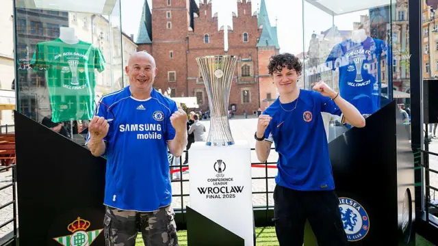 Chelsea fans in Wroclaw with a replica of the Conference League trophy