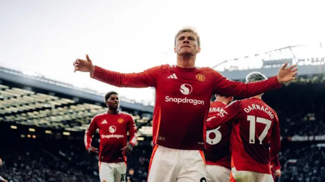 Rasmus Hojlund of Manchester United celebrates scoring their second goal during the Premier League match between Manchester United FC and Brentford FC at Old Trafford