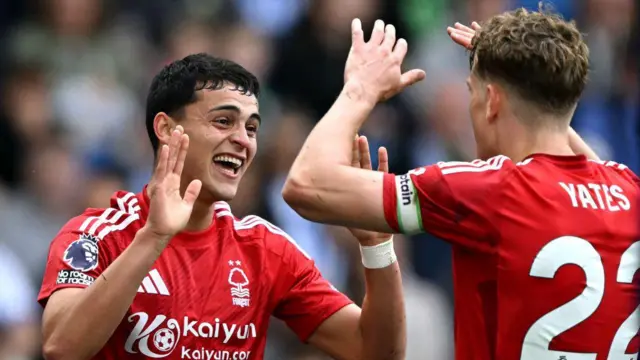 Nottingham Forest's Paraguayan defender #24 Ramon Sosa celebrates after scoring the equalising goal during the English Premier League football match between Brighton and Hove Albion and Nottingham Forest