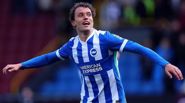 Mats Wieffer of Brighton & Hove Albion celebrates after the team's victory 