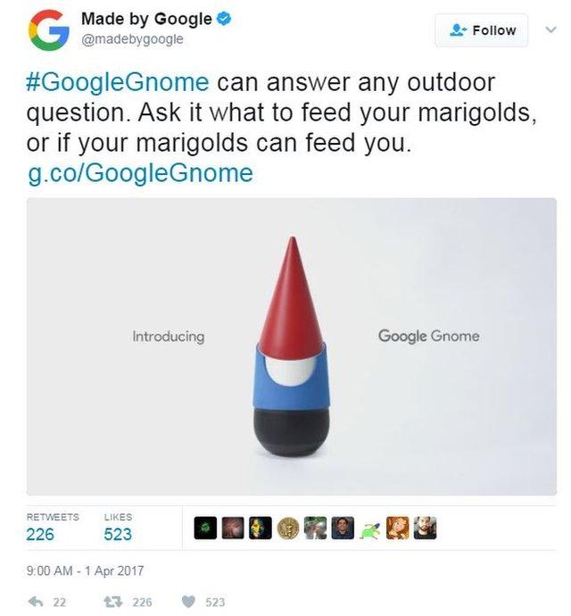 A tweet unveiling the multi-talented "Google Gnome"