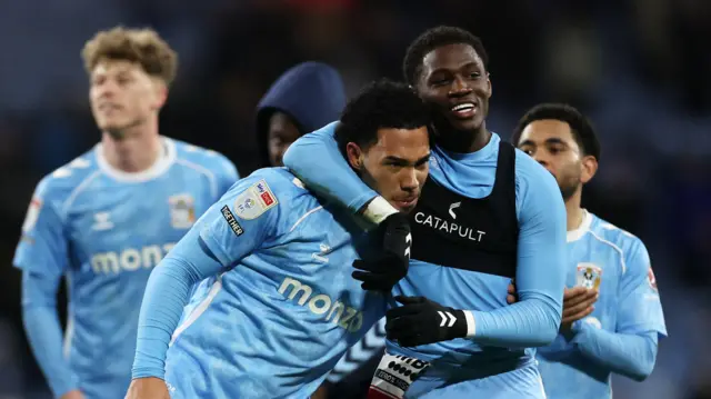 Milan van Ewijk and Jahnoah Markelo celebrating their win over Middlesbrough in Coventry City's home kit