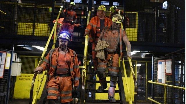 Miners at Kellingley Colliery in Yorkshire