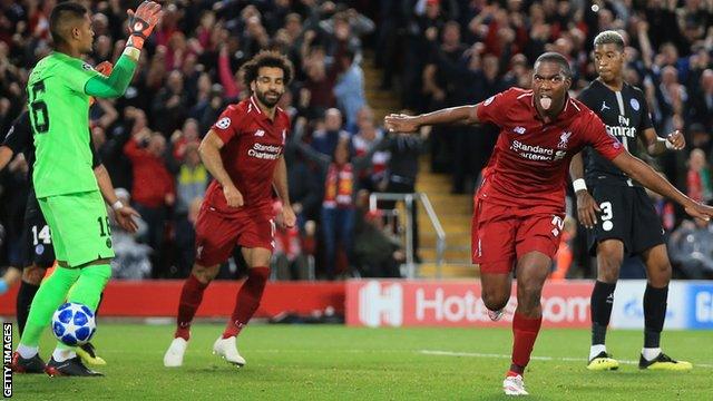 Daniel Sturridge celebrates scoring for Liverpool against Paris St-Germain in the Champions League