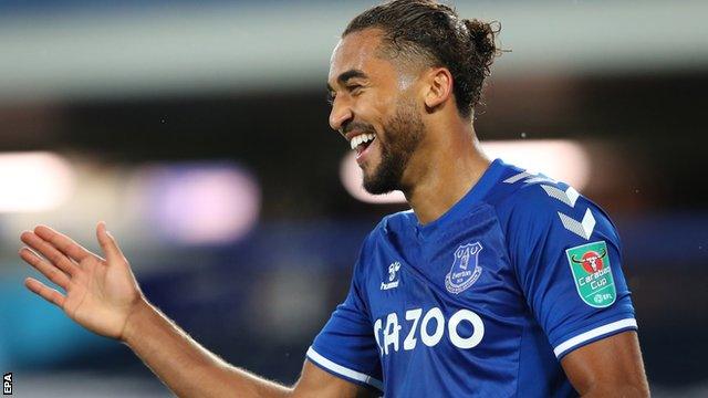 Dominic Calvert-Lewin celebrates scoring for Everton in the Carabao Cup match against West Ham United