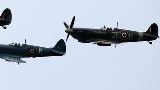 Spitfires and Hurricanes perform a fly past on August 18, 2015 in Biggin Hill, England