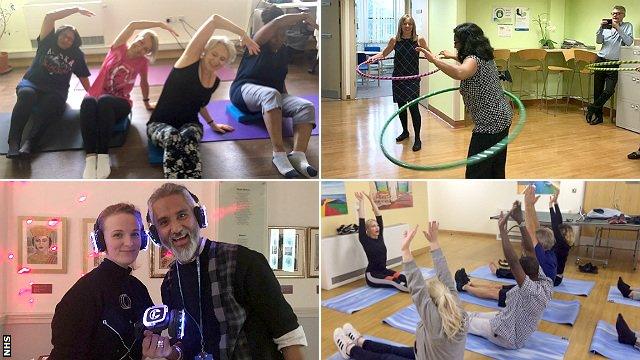 NHS staff take part in yoga (top left), hula hooping (top right), a silent disco (bottom left) and pilates (bottom right)