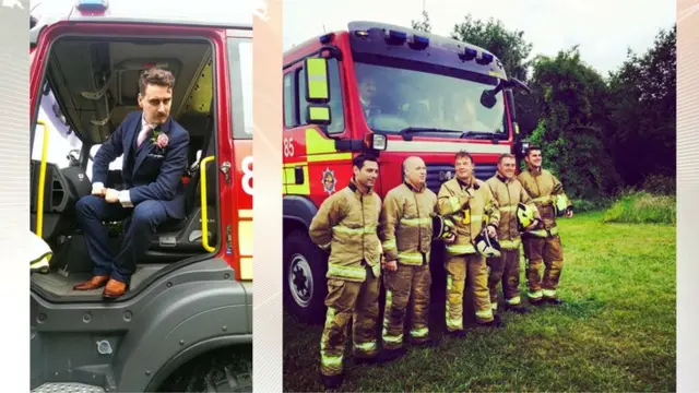 Jonny Pearce and the firefighters who rescued his wedding reception