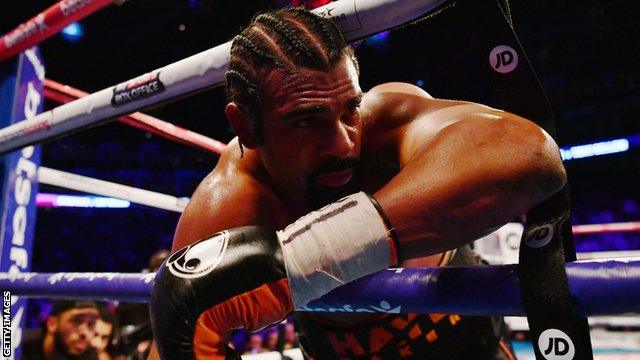 David Haye falls through the ropes