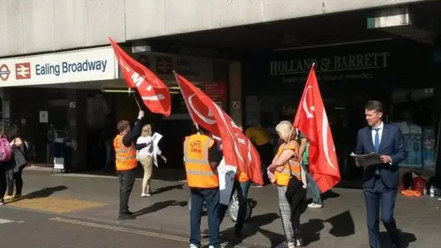 RMT union members on the picket line outside Ealing Broadway station