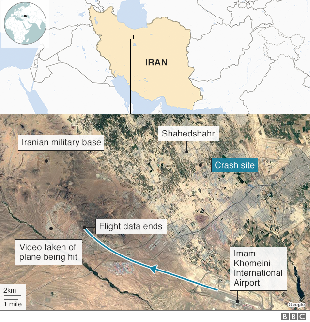 Map showing the route of the Ukrainian plane before it lost signal. The location of the video is marked, so is an Iranian military base and the crash site.