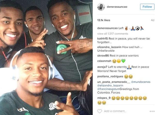 Left back for Chapecoense Dener Assuncao with three other team mates