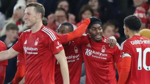 Anthony Elanga is congratulated after scoring for Nottingham Forest against Aston Villa