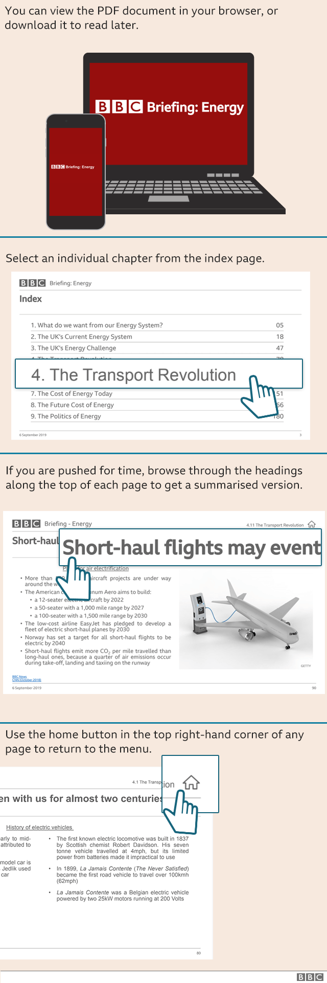 Instructions on how to navigate the BBC Briefing PDF document