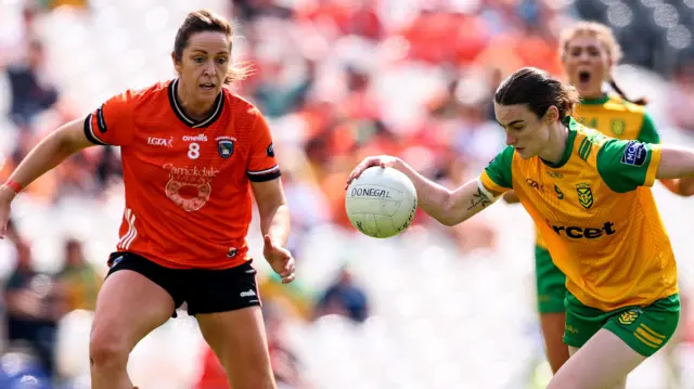 Armagh's Caroline O'Hanlon looks on at Donegal's Roisin Rodgers