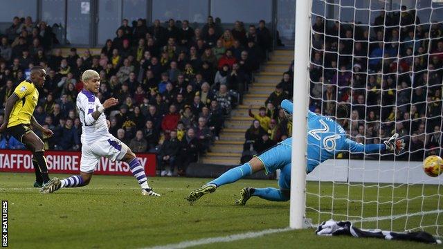 Lloyd Dyer scores for Burton against Newcastle