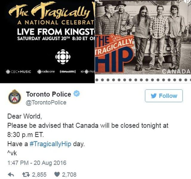 Dear World, please be advised that Canada will be closed tonight - have a tragically hip day