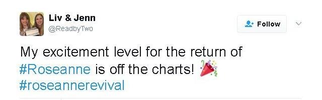 Tweet reads: My excitement level for the return of #Roseanne is off the charts! 🎉#roseannerevival