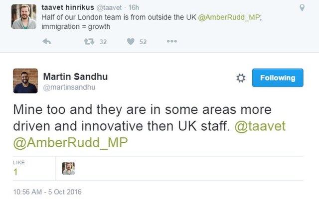 Tweet reads: "Mine too and they are in some areas more driven and innovative then UK staff @taavet @AmberRudd_MP"