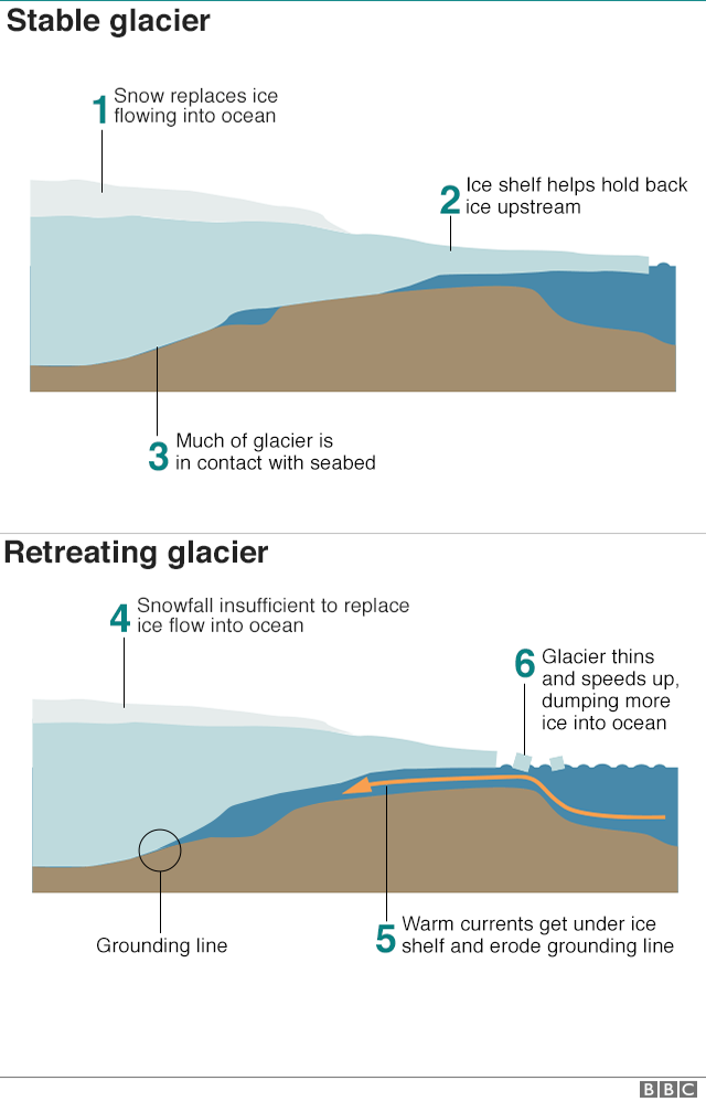 Infographic explaining how Thwaites glacier is retreating