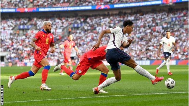 Jude Bellingham in action for England against Andorra in a World Cup qualifier at Wembley