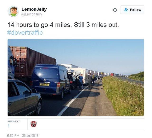 Twitter post by @LemonJelly says '14 hours to go 4 miles. Still 3 miles out. #dovertraffic'