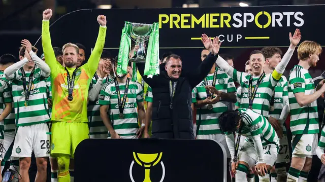 Celtic manager Brendan Rodgers lifts the Premier Sports Cup trophy during the Premier Sports Cup Final between Celtic and Rangers at Hampden Park