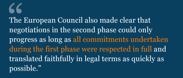 The European Council also made clear that negotiations in the second phase could only progress as long as all commitments undertaken during the first phase were respected in full and translated faithfully in legal terms as quickly as possible.