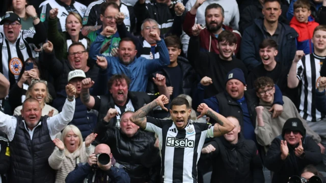 Newcastle captain Bruno Guimaraes celebrates during his side's win over Manchester United in the Premier League