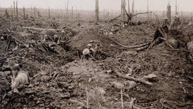 British troops in trenches on a battlefield of the Somme in 1916