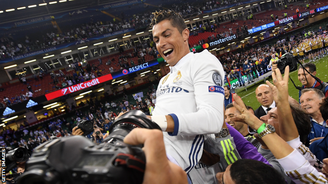 Cristiano Ronaldo was lifte into the air by his team-mates after Real Madrid's latest European triumph