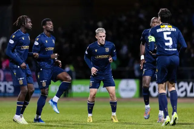 Dundee's Luke McCowan warms up alongside his team-mates