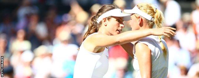 Konta and Vekic hug after their 2017 Wimbledon match