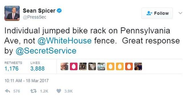 Sean Spicer's tweet - Individual jumped bike rack on Pennsylvania Ave, not @WhiteHouse fence. Great response by @SecretService