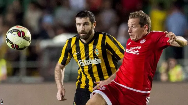 Aberdeen's Peter Pawlett (right) holds off Mikhail Bakayev.