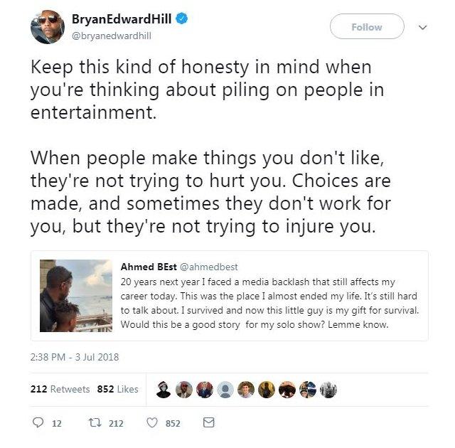 A tweet from Bryan Edward Hill reads: "Keep this kind of honesty in mind when you're thinking about piling on people in entertainment. When people make things you don't like, they're not trying to hurt you. Choices are made, and sometimes they don't work for you, but they're not trying to injure you."