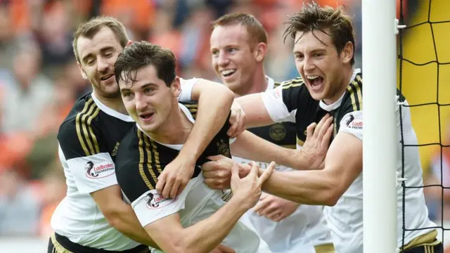 Kenny McLean (centre) celebrates his winning goal against Dundee United