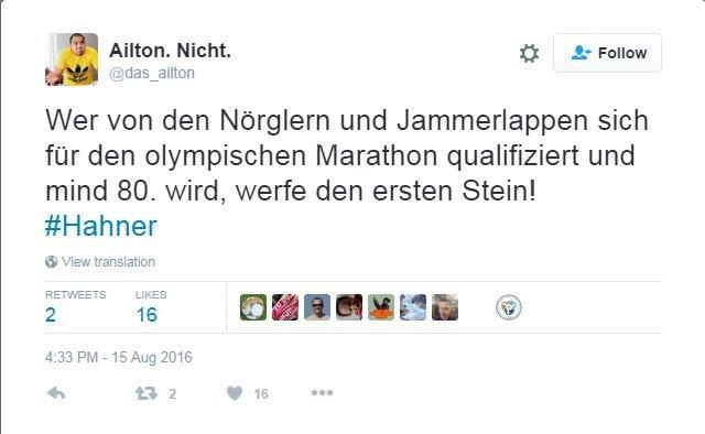 Ailton. Nicht (@das_ailton) tweeted: Who of the whingers and whiners has qualified for the Olympic marathon, and ranked at least 80, let them cast the first stone!