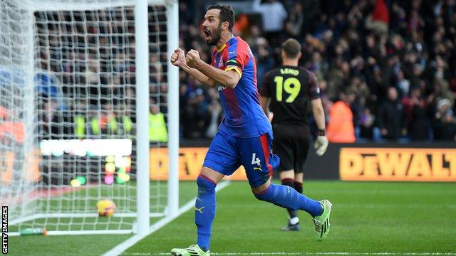 Luka Milivojevic celebrates scoring for Crystal Palace against Arsenal