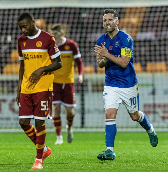 St Johnstone's Nicky Clark celebrates as he scores from the penalty spot to make it 2-1 during a William Hill Premiership match between Motherwell and St Johnstone at Fir Park,