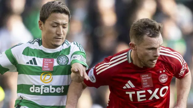 Celtic’s Daizen Maeda and Aberdeen’s Nicky Devlin