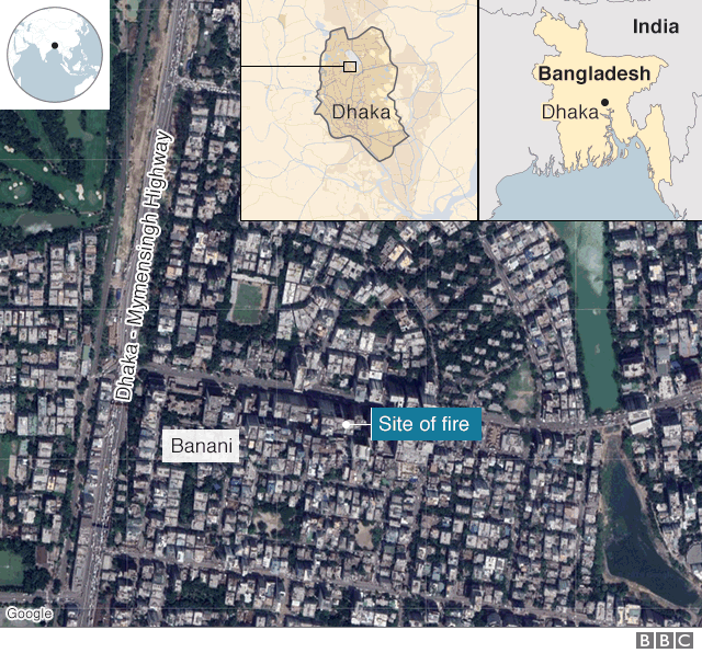 Map shows location where a fire broke out in a building in the Banani district of Dhaka